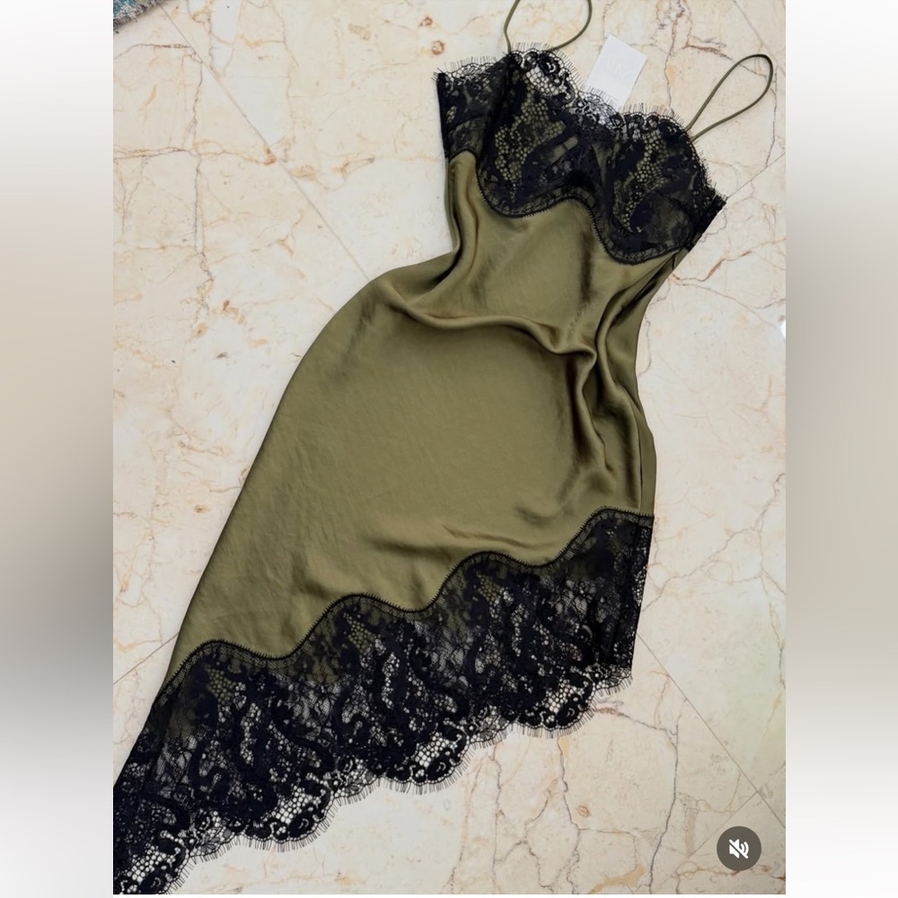 Zara Olive Green Satin Asymmetrical Slip Dress with Black Lace - Picture 3 of 13